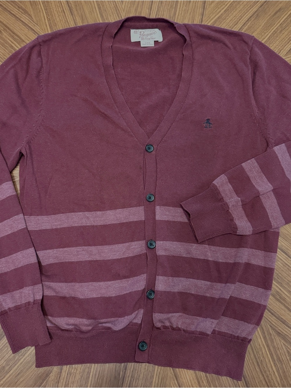 Original Penguin Men's Maroon Striped V-Neck Cardigan